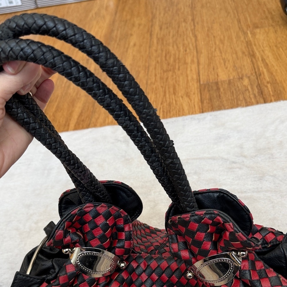 Zelli Woven Leather Satchel Bag | Red & Black | Designer Purse - Picture 10 of 10